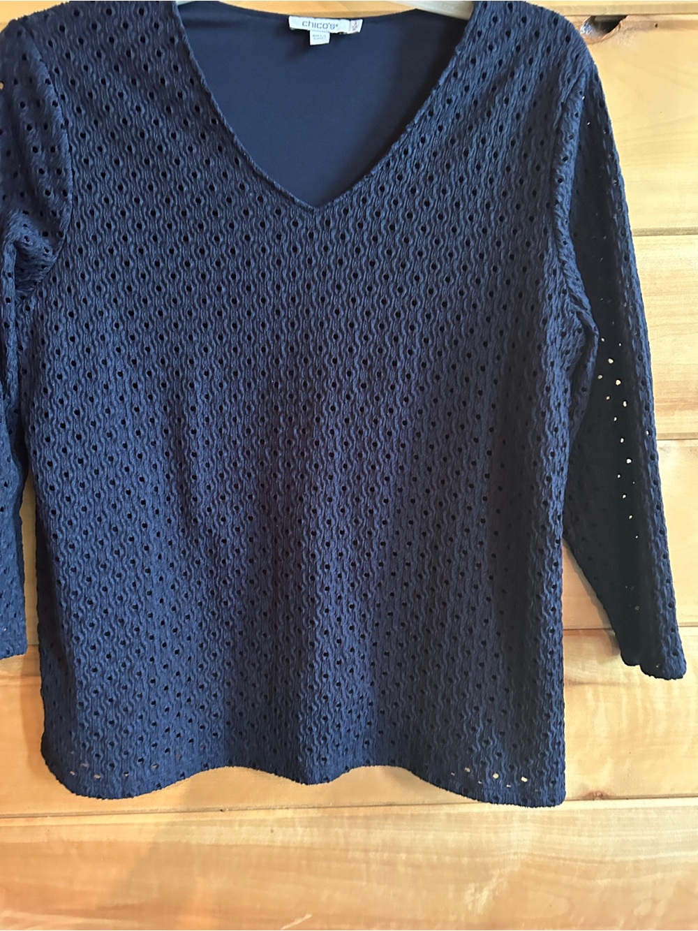 Chico's Navy Eyelet V-Neck Long Sleeve Top